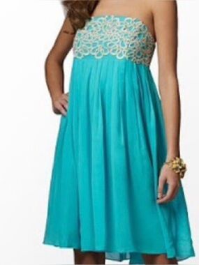 Teal Party Dress with Gold Embellished Bodice